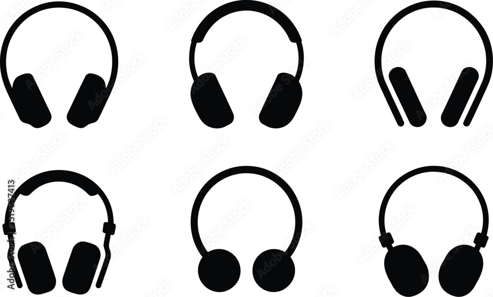 Poster a collection of six black and white headphone icons arranged in a two by three grid pattern on white