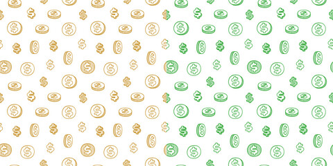 Dollar Doodle seamless pattern background. US dollar pattern background. Seamless pattern of the symbols of dollar currency background. Dollar sign pattern background.