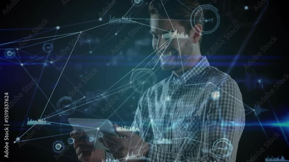 Poster tech pro entering dark studio tapping tablet creating network nodes, swiping arranging data visuals
