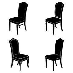 Four elegant black silhouette chairs with curved backs arranged on a white background surface view