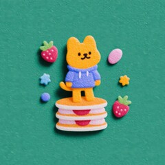 Naklejka premium Happy cartoon kitten on top of strawberry pancakes, tiny hoodie, surrounded by bright pastel decorations and treats