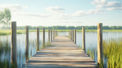 Serene wooden dock extending over calm lake water, surrounded by lush greenery under a tranquil sky