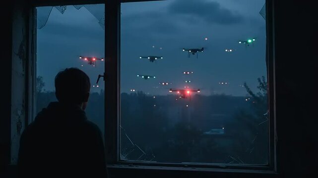 A young boy gazes out of a broken window at multiple drones flying in the twilight sky