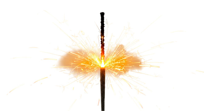 A vibrant sparkler erupts with radiant golden sparks igniting joy and celebration in the night on transparent background