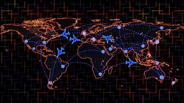 Neon themed World Map showing Random international Flight Paths Air traffic Animation