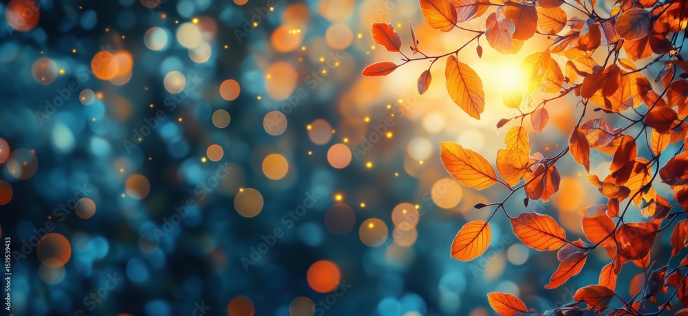 Poster autumn leaves glowing in sunlight with bokeh background creating a magical atmosphere