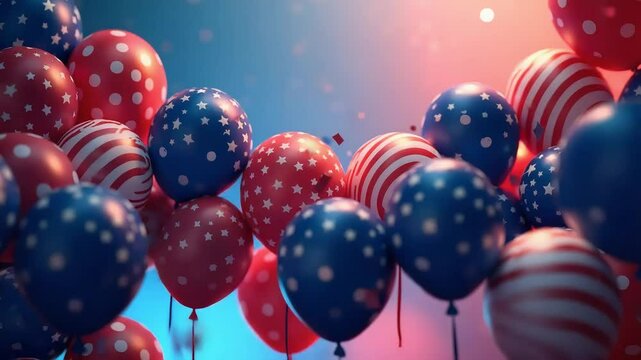 Red white and blue patriotic balloons for Fourth of July celebration. Celebrate the Happy 4th of July, America.