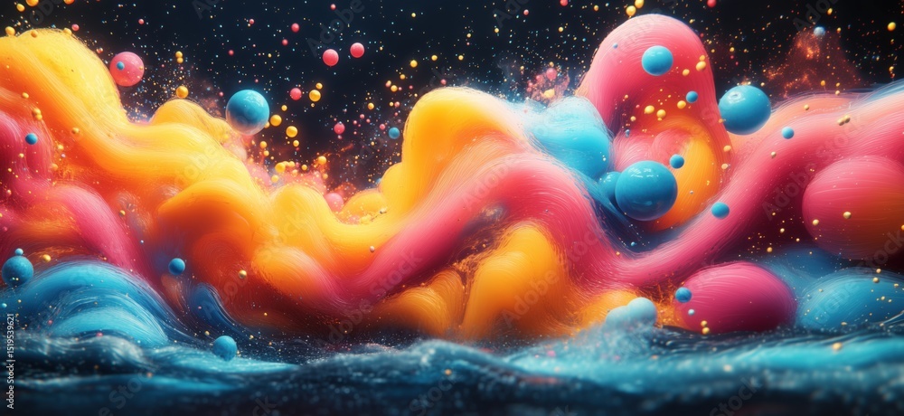 Poster colorful abstract wave of vibrant swirls and floating spheres in dynamic motion