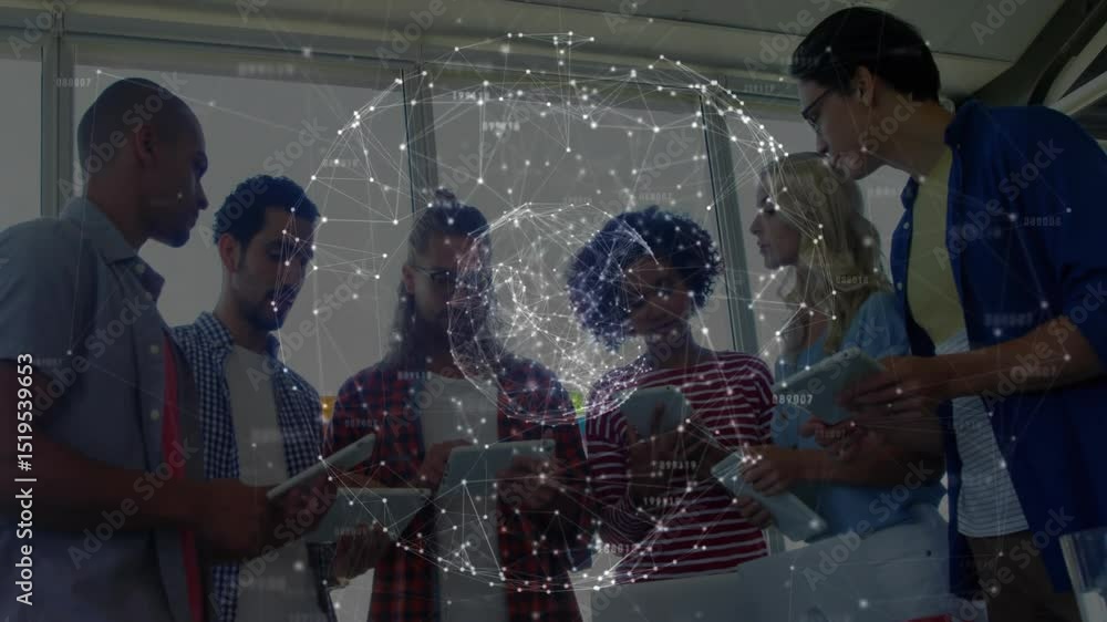 Poster team gathering around table consulting tablets causing network globe forming for business insights