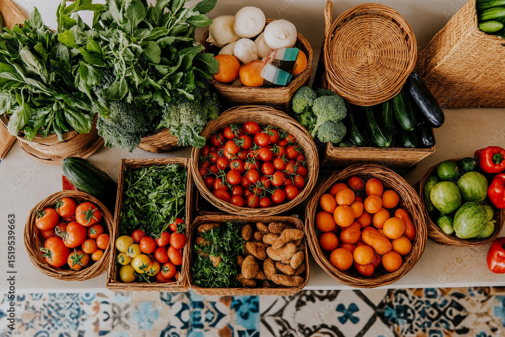 Poster fresh produce layout in baskets and crates at a local market