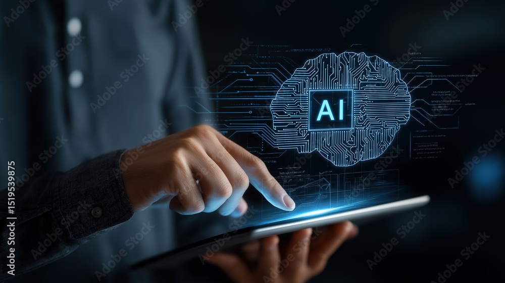 Poster a man interacts with a glowing ai holographic card while holding a tablet, set against a dark futuri