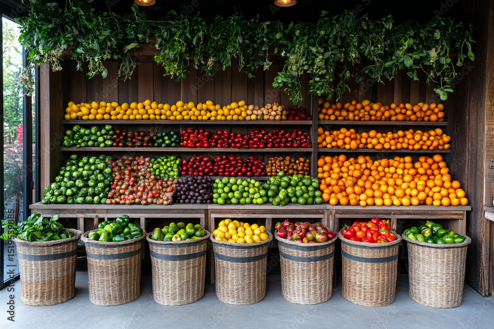 Poster fresh produce arranged in baskets and crates for local market display