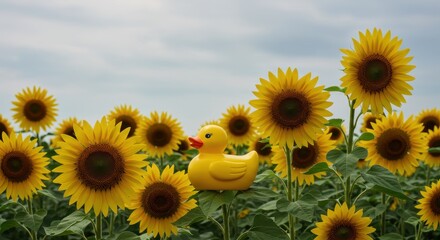 Fototapeta premium Yellow rubber duck on sunflower field against sky