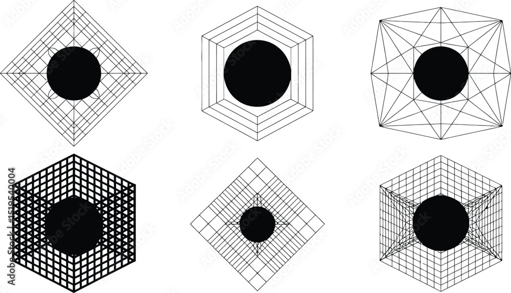 Poster six geometric shapes with black circles inside and wireframe structures on a white background view
