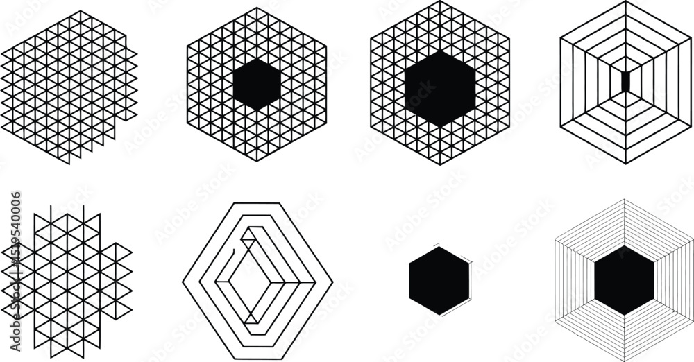 Poster eight geometric shapes with triangular grids and concentric designs in black and white illustration 