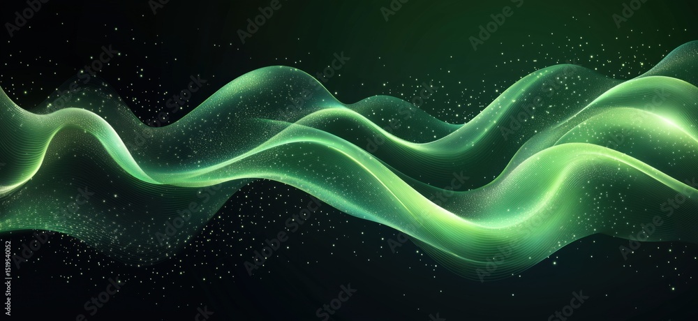 Poster abstract green wave patterns with glowing particles on dark background