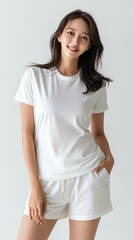 Fototapeta premium A smiling young woman poses confidently in a casual outfit, exuding a relaxed and cheerful vibe.
