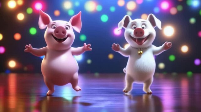 Cheerful animated pigs dancing under vibrant disco lights with dynamic movements and expressions