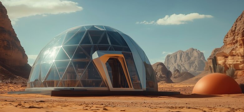 Futuristic geodesic dome structure in desert landscape with mountains and orange orb