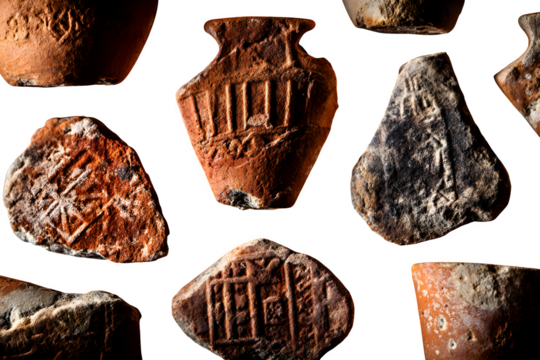 Collection of Ancient Clay Vessels and Fragments with Carved Markings, Dark Background isolated on transparent background