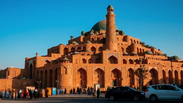 Grand Mosque of Herat Afghanistan Under Blue Sky Featuring Intricate Islamic Architecture and Blurred Motion of Crowds in Low Angle Shot
