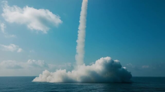 Dramatic ocean missile launch with bright flame against a clear blue sky scene