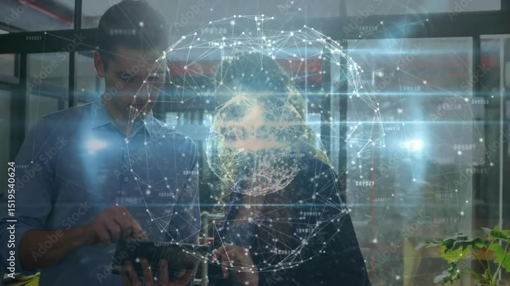 Poster man swiping tablet screen causing digital globe rotating while woman tapping data in tech office