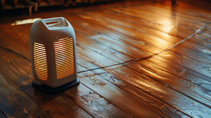 Modern Space Heater on Glossy Wood Floor - Warmth and Comfort.
