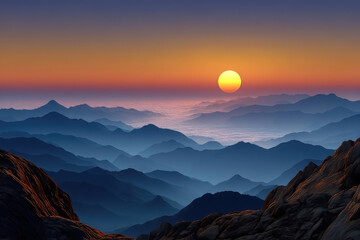 Serene sunset over misty mountain ranges