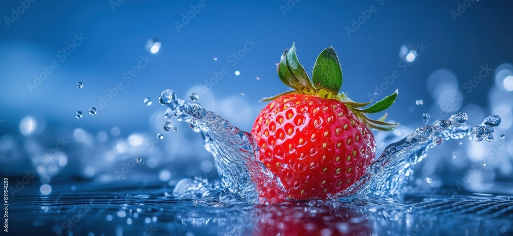 Poster strawberry splashing in water with droplets creating dynamic visual effect
