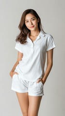 Casual young woman in comfortable clothing, enjoying a relaxed moment, showcasing a confident and cheerful demeanor.