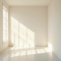 Fototapeta premium Sunlight streaming through window blinds casting sharp geometric shadows on the floor and walls of an empty white room, minimal interior background for light and architecture design concepts