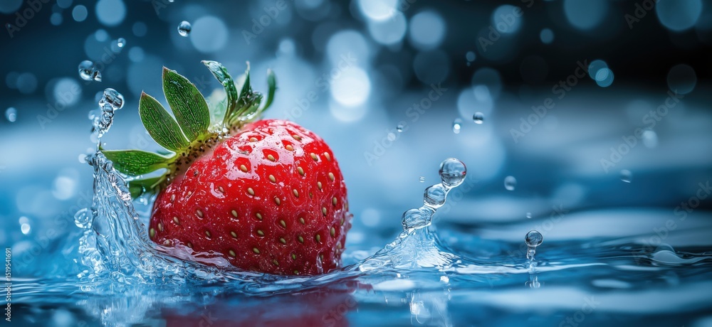 Poster fresh strawberry splashing in water with droplets creating a vibrant background
