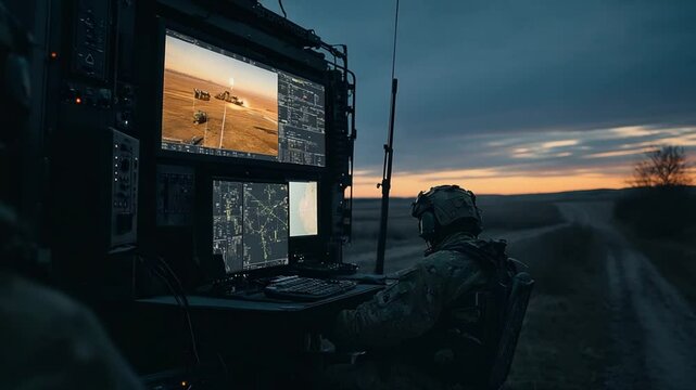 Soldier Operates Advanced Military Technology at a Mobile Command Center Under Dramatic Sky
