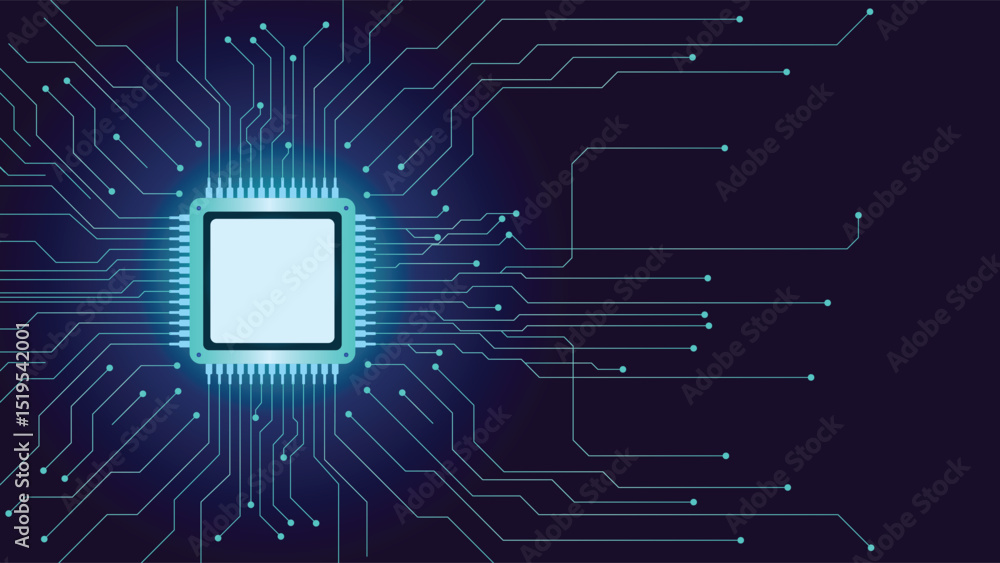Poster modern digital background featuring a glowing microchip and blue circuitry lines on a dark tech layo