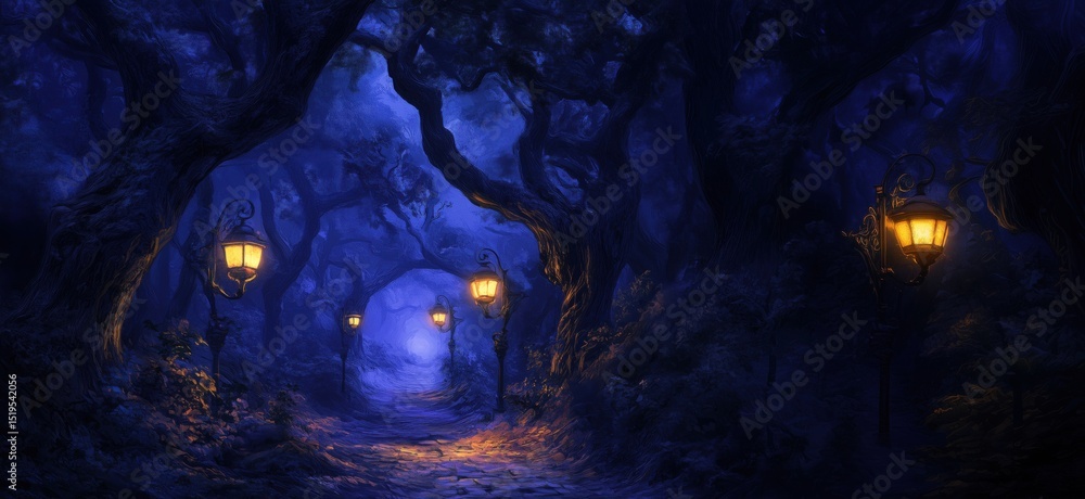 Aufkleber mysterious illuminated path through enchanted forest at night with glowing lanterns