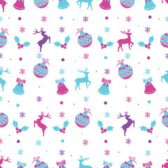 Vector decorative Christmas and new year Seamless Pattern. Christmas ornamental silhouette balls, deers, snowflakes, holly berries and bells texture background holiday greeting card backdrop template.