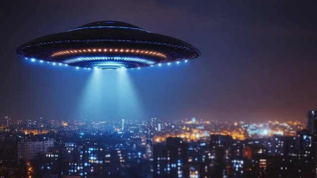 Dramatic nighttime aerial view of a UFO hovering over a futuristic cityscape panorama