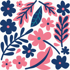 Hand-drawn floral pattern with pink and navy blue flowers and leaves on white background