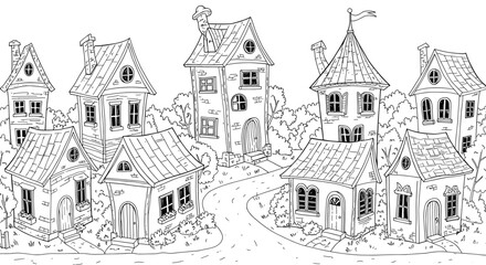 Obraz premium Detailed black and white illustration of various houses in a charming village
