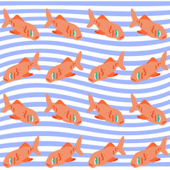 Seamless Orange Fish Wave Pattern. Cartoon orange fish on a wavy striped blue and white background forming a playful seamless aquatic design.
