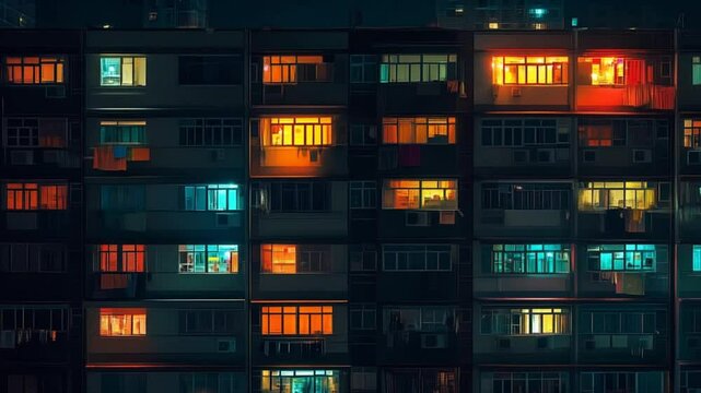 Illuminated windows on a dark residential building facade at night create captivating pattern