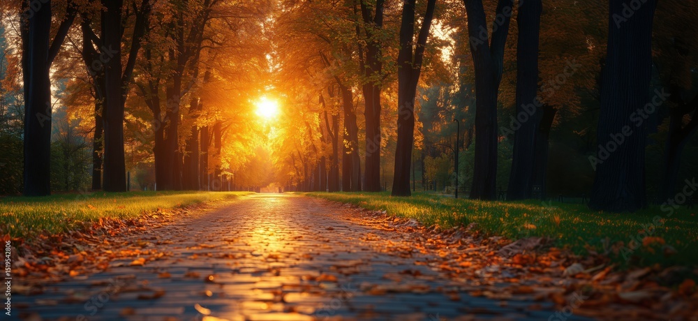 Poster autumn sunset illuminating tree-lined path with vibrant foliage and cobblestone walkway