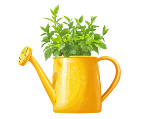 Vector illustration of a yellow watering can with a green plant, on a transparent background.