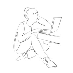 One continuous line drawing on white isolated background. Minimalism linear illustration. person, laptop, technology, computer, female, indoor, working, business, woman, businesswoman