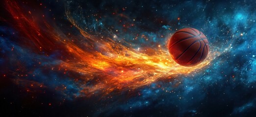 Fototapeta premium Basketball soaring through cosmic space with vibrant colors and dynamic energy
