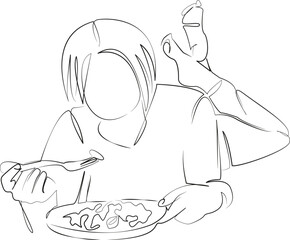 One continuous line drawing on white isolated background. Minimalism linear illustration. salad, woman, eating, lifestyle, food, lunch, vegetable, happy, portrait