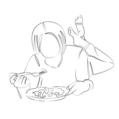 One continuous line drawing on white isolated background. Minimalism linear illustration. salad, woman, eating, lifestyle, food, lunch, vegetable, happy, portrait