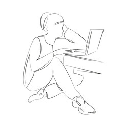 One continuous line drawing on white isolated background. Minimalism linear illustration. person, laptop, technology, computer, female, indoor, working, business, woman, businesswoman