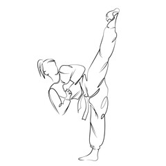 One continuous line drawing on white isolated background. Minimalism linear illustration. athlete, color image, people, adult, exercising, gym, indoor, strength, woman, skill, karate